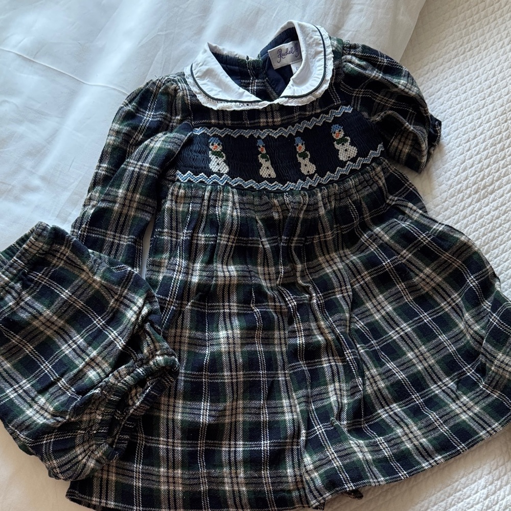 Rachel Riley Plaid Dress with Snowman Embroidery